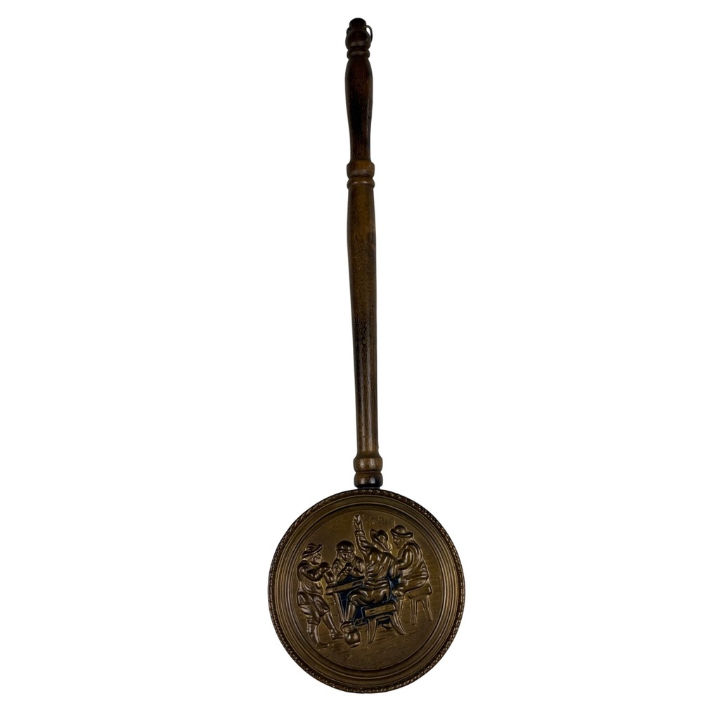 Antique British Brass Bed Warmer With Wooden Handle Made In England Tavern Pub